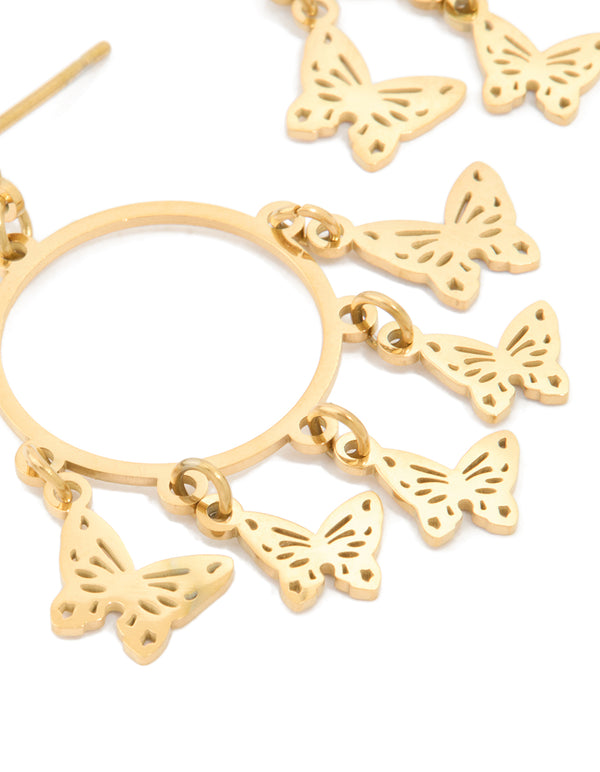 Crafted from waterproof gold plated stainless steel butterfly hoop earrings with charm details close up view