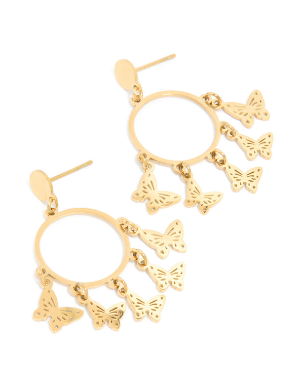 Featuring waterproof gold plated stainless steel butterfly hoop earrings with charm details front view