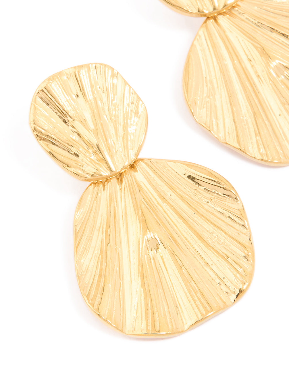 Beautifully crafted waterproof gold plated stainless steel double textured drop earrings in statement style close up view