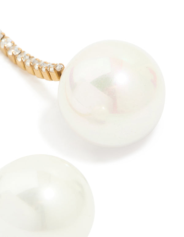 Highlighting waterproof gold plated stainless steel drop earrings with pearl and diamante cup chain post detail view