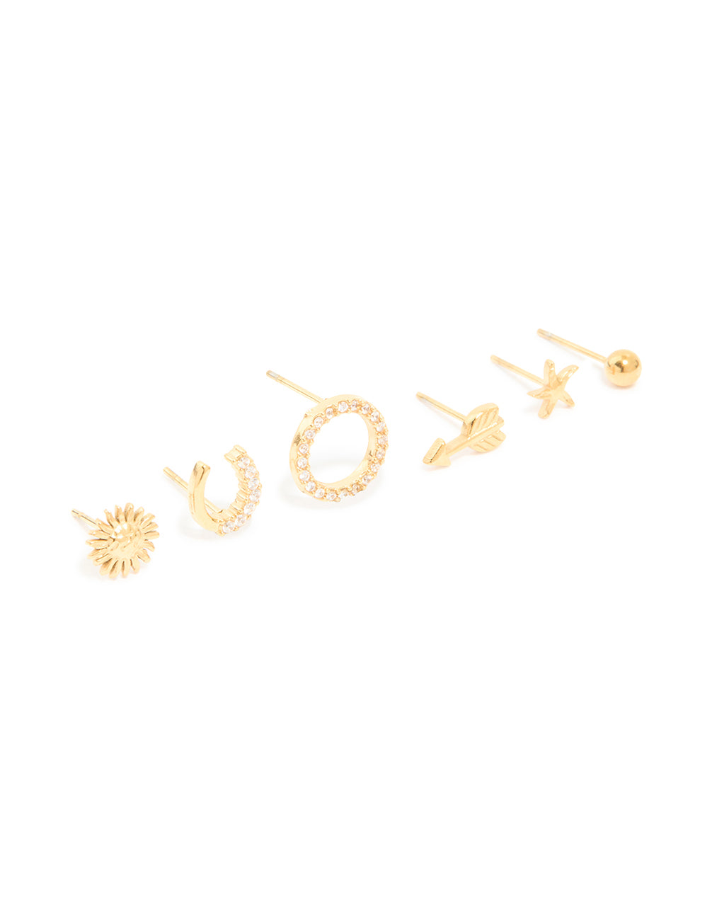 Featuring waterproof stainless steel mixed motif stud earrings with celestial sun, ball and ocean-inspired in a 3-pack, crafted from gold plated material front view