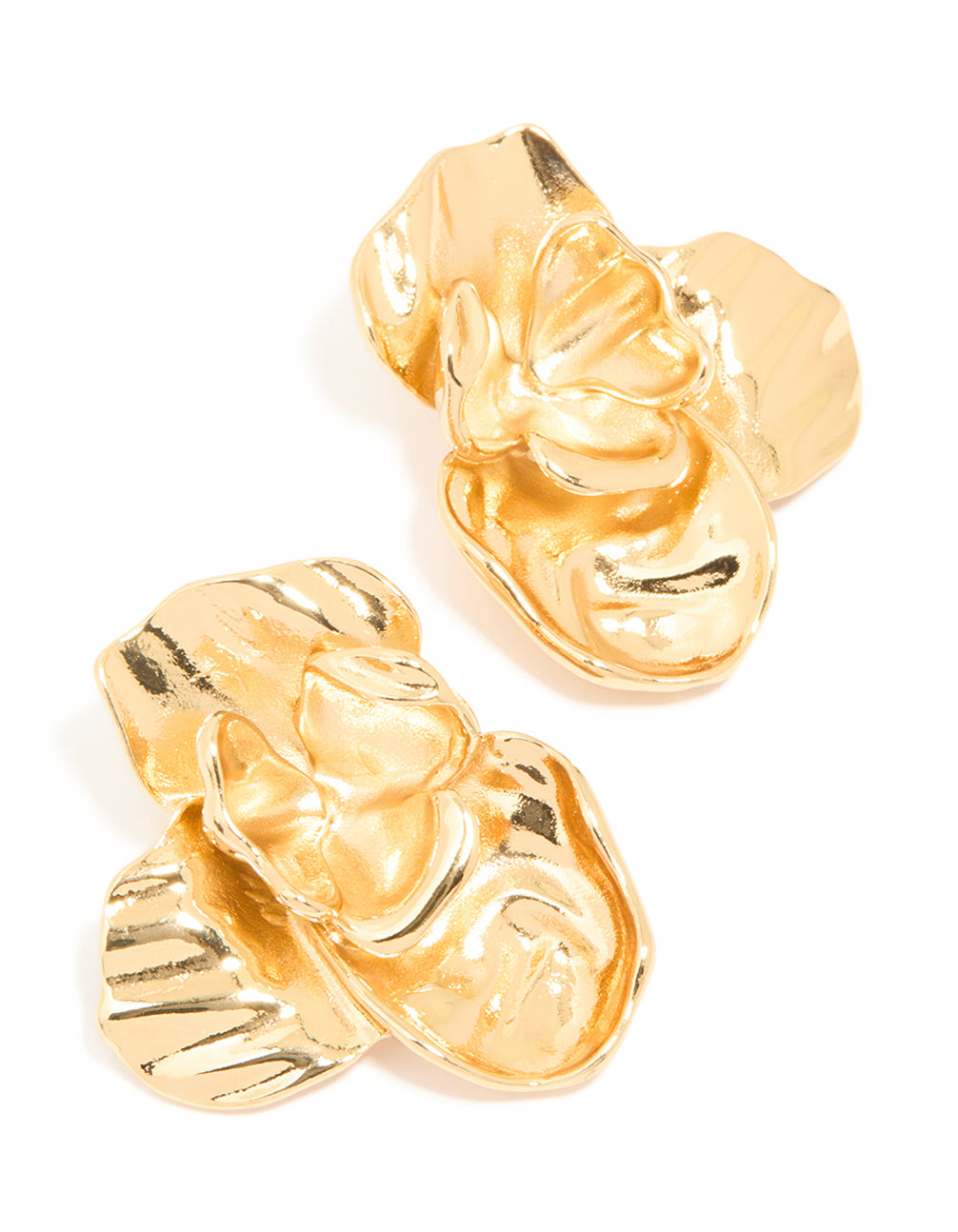 Showcasing waterproof gold plated stainless steel statement flower stud earrings in gold front view