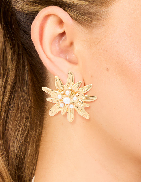 Waterproof Gold Plated Stainless Steel Freshwater Pearl Urchin Stud Earrings