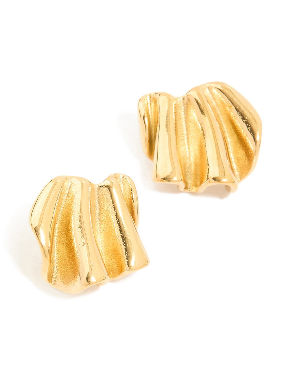 Showcasing wavy fan stud earrings crafted from waterproof gold plated stainless steel in front view