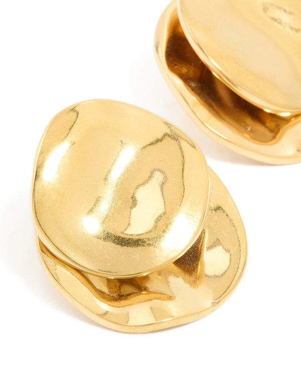 Crafted from waterproof gold plated stainless steel double crinkle disc stud earrings close up view
