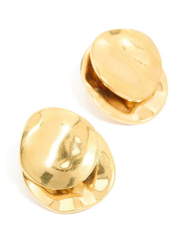Showcasing waterproof double crinkle disc stud earrings in gold plated stainless steel front view