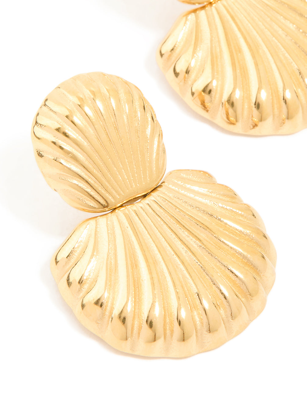Detailed waterproof gold plated stainless steel double shell stud drop earrings with ocean charm ridged texture close up view