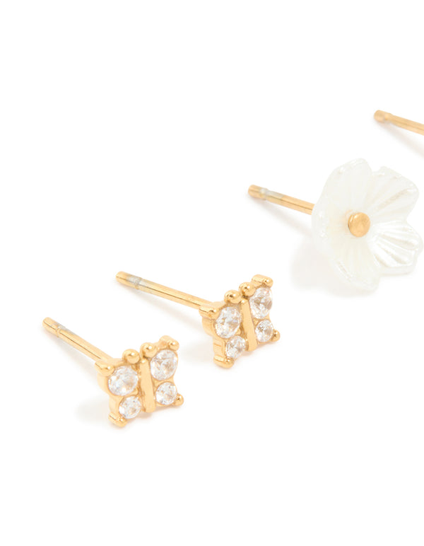 Featuring dainty butterfly and floral garden party stud earrings in waterproof gold plated stainless steel in a 3-pack close up view