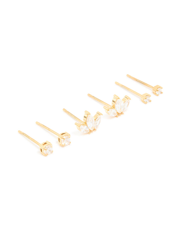Beautifully crafted waterproof gold plated stainless steel cubic zirconia mixed shaped stud earrings in a 3-pack front view