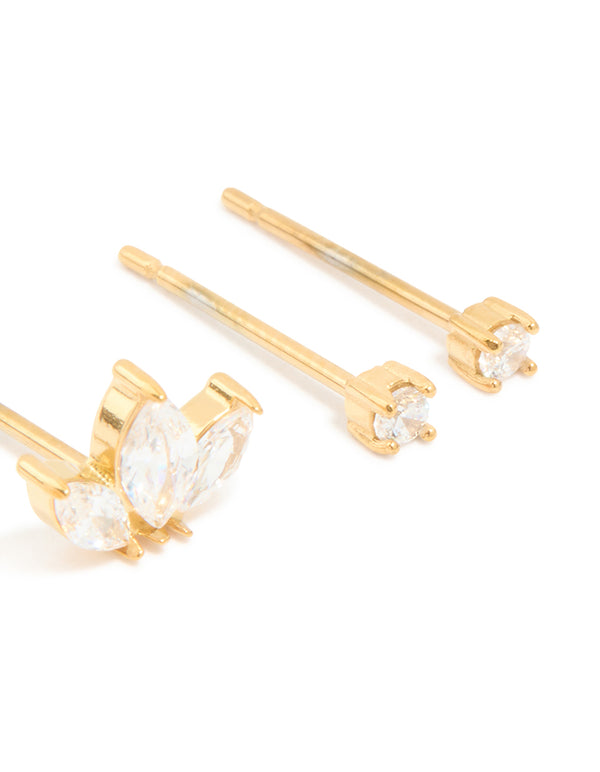 Designed with waterproof gold plated stainless steel cubic zirconia mixed shaped stud earrings 3-pack post detail view