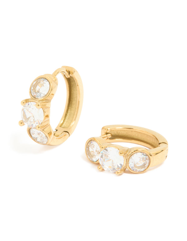 Waterproof Gold Plated Stainless Steel Cubic Zirconia Stone Set Huggie Earrings