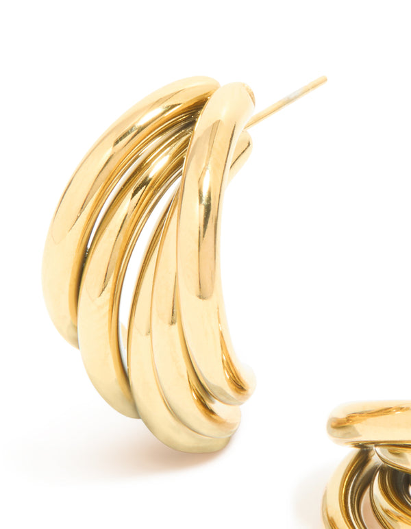 Discover waterproof gold plated stainless steel triple row hoop earrings in gold close up view