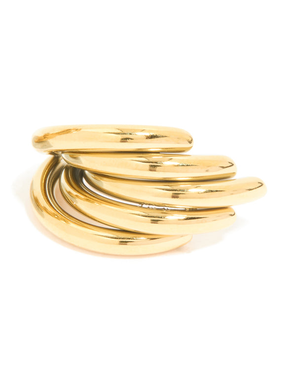 Designed with waterproof gold plated stainless steel triple row hoop earrings in gold post detail view