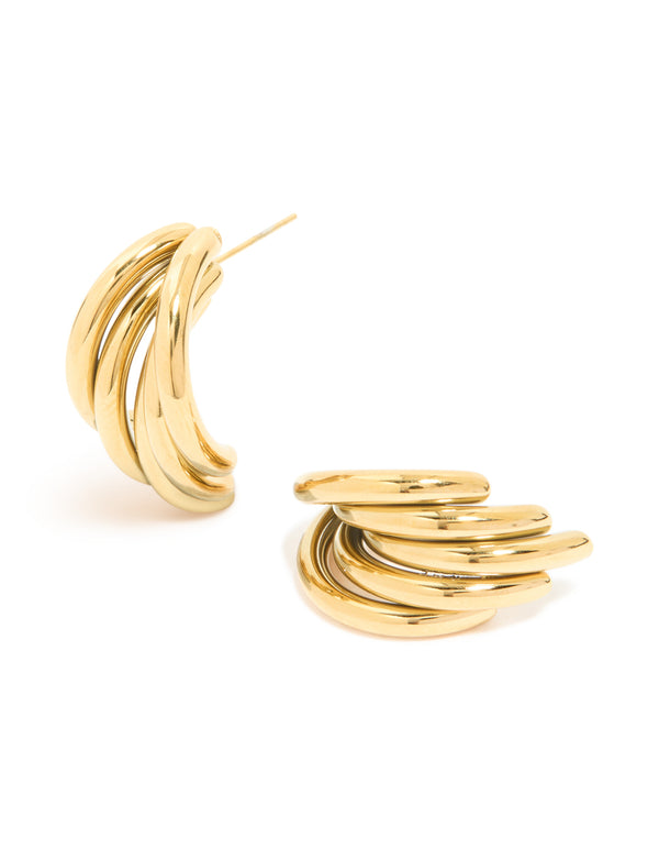 Featuring waterproof gold plated stainless steel triple row hoop earrings in gold front view