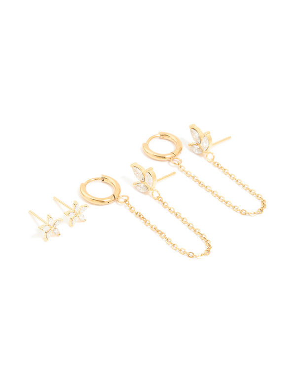 Waterproof Gold Plated Stainless Steel Cubic Zirconia Flower Hoop Chain & Flower Ear Stackers 2-Pack