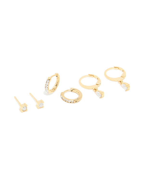 Featuring waterproof gold plated stainless steel cubic zirconia simple stud and huggie earrings in a 3-pack front view
