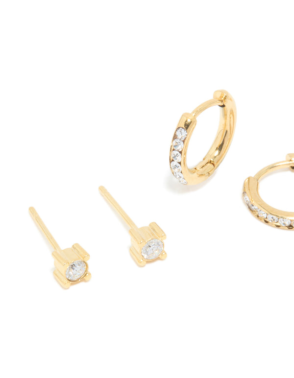 Presenting waterproof gold plated stainless steel cubic zirconia simple stud and huggie earrings in a 3-pack close up view