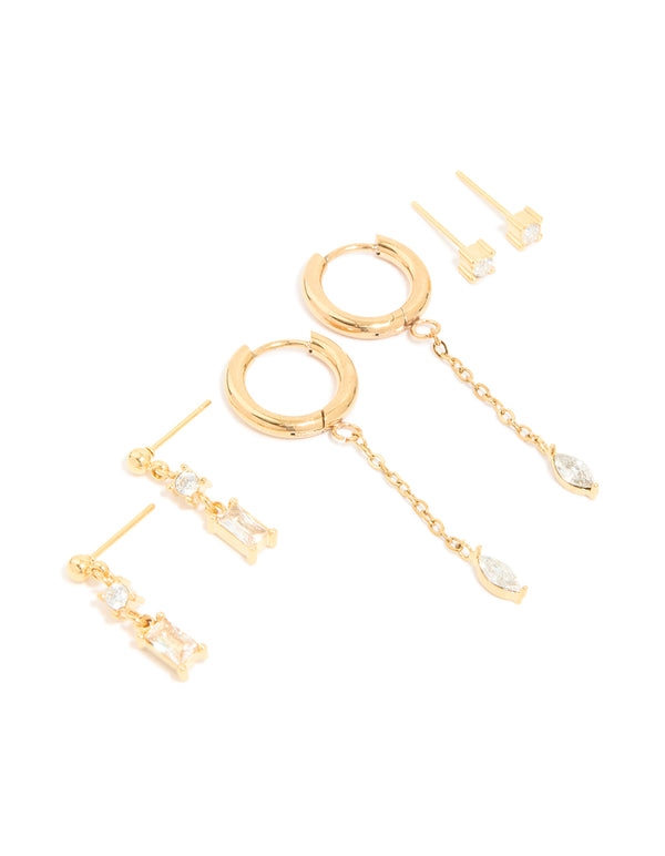 Waterproof Gold Plated Stainless Steel Cubic Zirconia Chain & Studs Ear Stacking Pack