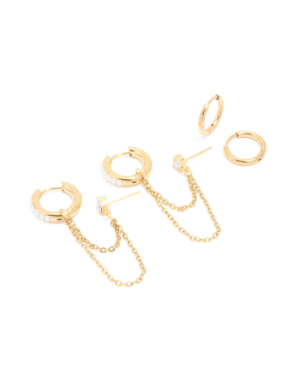 Discover waterproof chain and huggie earrings pack crafted from gold plated stainless steel featuring pearl and cubic zirconia accents front view