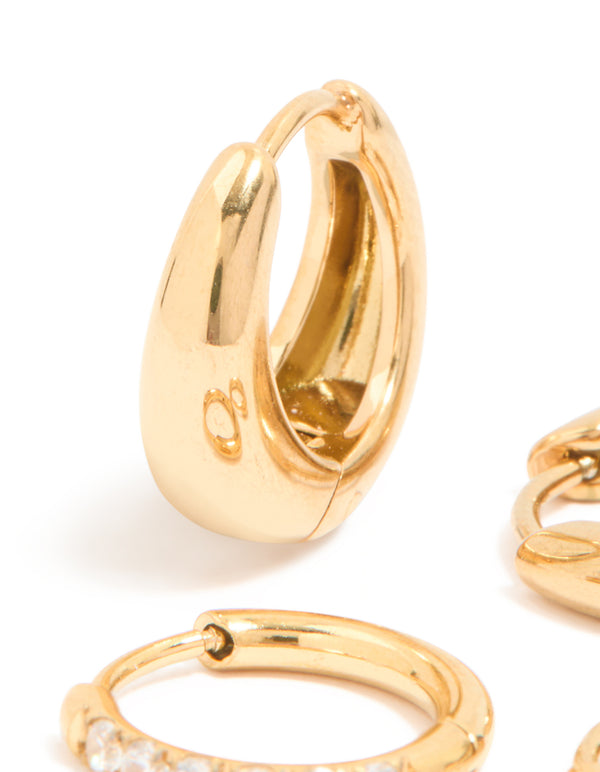 Waterproof Gold Plated Stainless Steel Cubic Zirconia & Chubby Huggie Earrings Set
