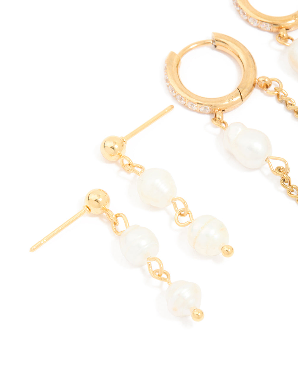 Designed with waterproof gold plated stainless steel pearl drop and chain earrings 2-pack and cubic zirconia close up view