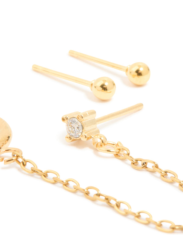 Detailed perspective of waterproof gold plated stainless steel diamante stud and chain earrings in a 3-pack with huggie closure highlighting craftsmanship in post detail view