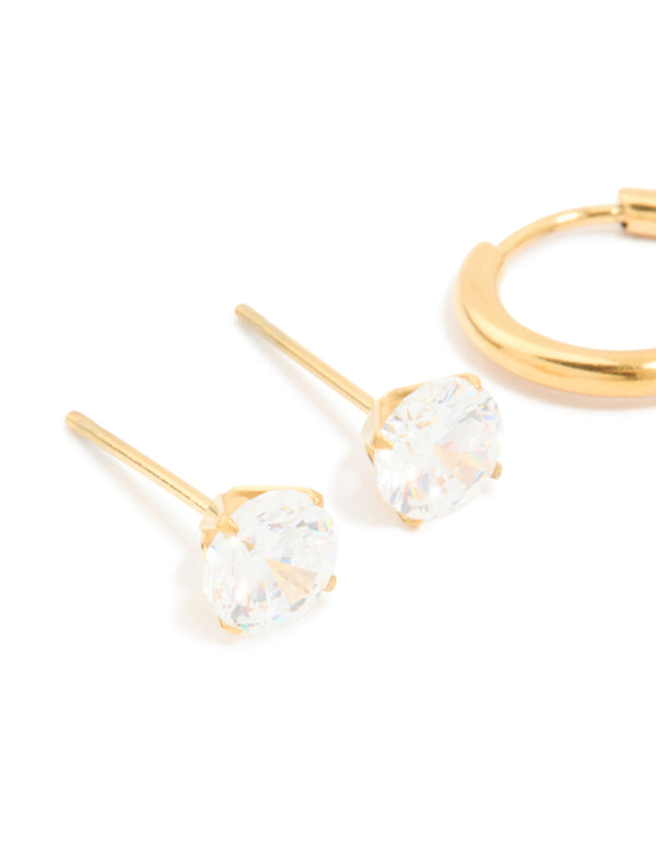Designed with waterproof gold plated stainless steel cubic zirconia huggie and stud earrings in a 3-pack close up view