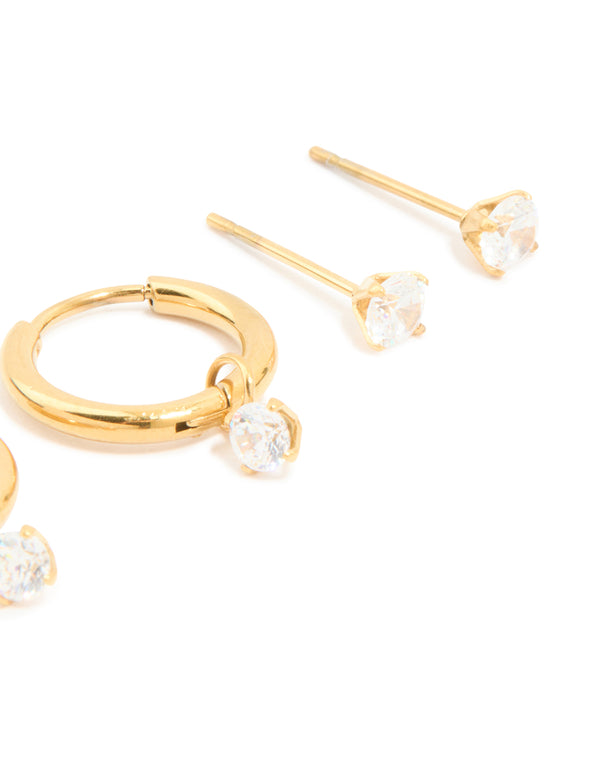 Highlighting waterproof gold plated stainless steel cubic zirconia huggie and stud earrings in a 3-pack post detail view