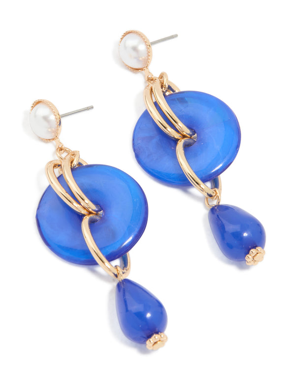 Gold Pearl Wrapped & Dark Blue Beaded Drop Earrings