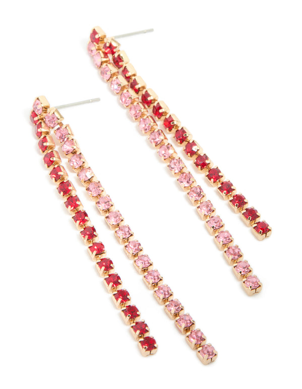 Gold Pink & Red Diamante Cup Chain Drop Earrings