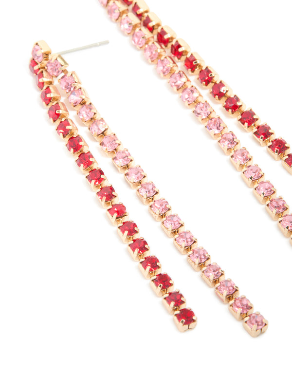 Gold Pink & Red Diamante Cup Chain Drop Earrings