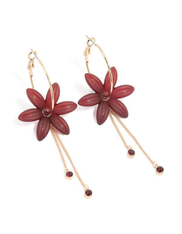 Gold Diamante Red Flower Chain Drop Earrings