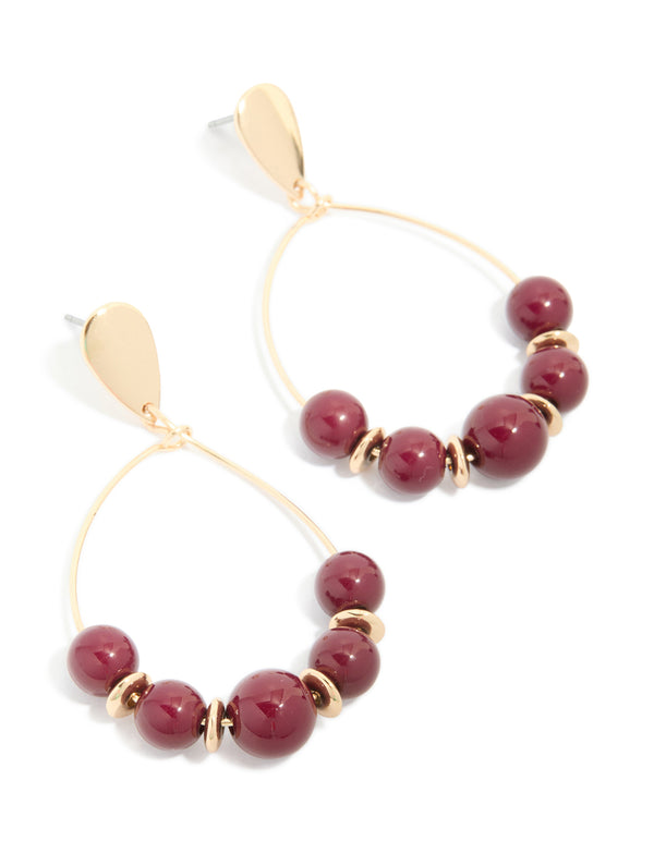 Gold Dark Red Beaded Drop Earrings