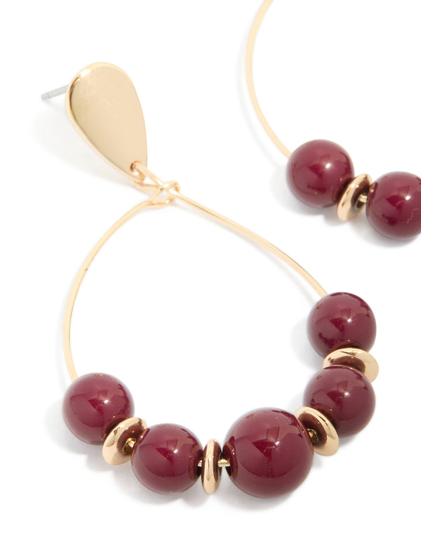 Gold Dark Red Beaded Drop Earrings