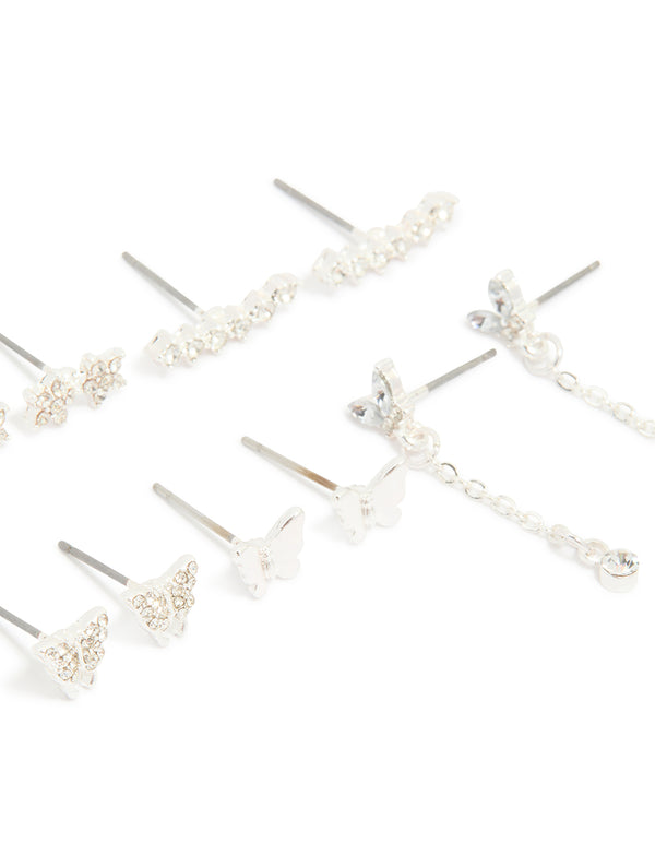Silver Diamante Butterfly Chain & Ball Stud Earrings 8-Pack