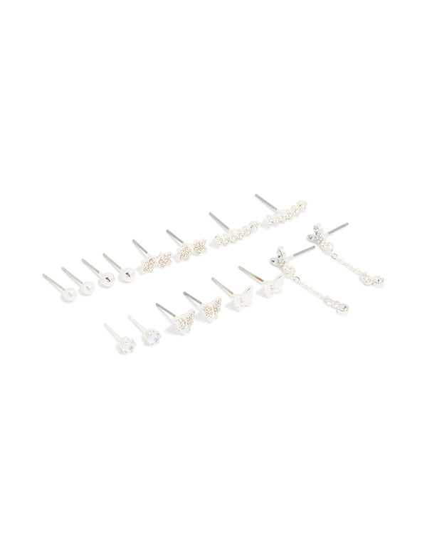 Silver Diamante Butterfly Chain & Ball Stud Earrings 8-Pack