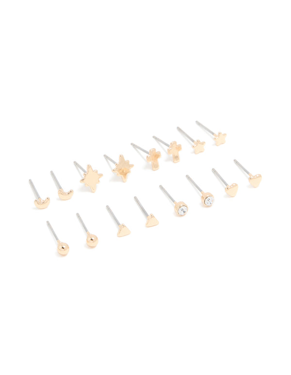 Gold Cross & Star Stud Earrings 8-Pack