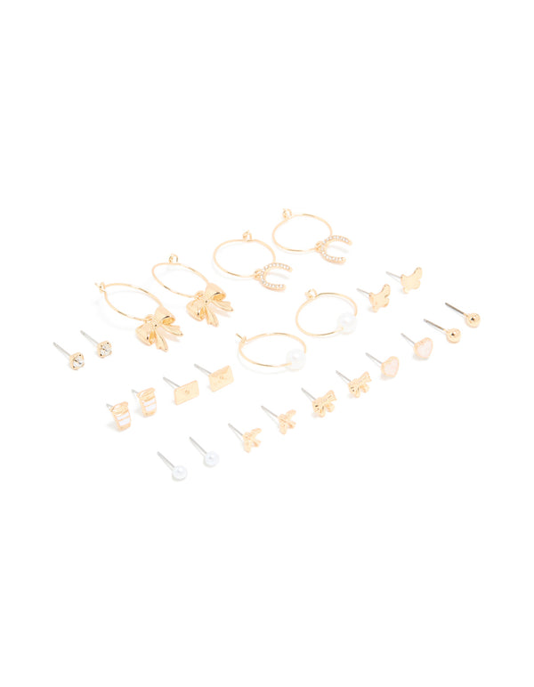 Gold Pearl Diamante & Coffee Earrings 12-Pack