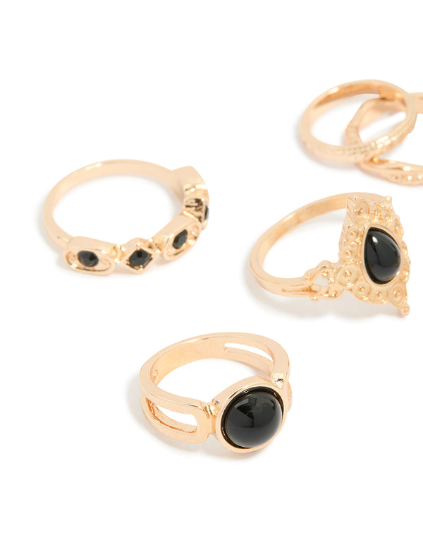 Gold Black Stone Twisted Vintage Evil Eye Rings 6-Pack