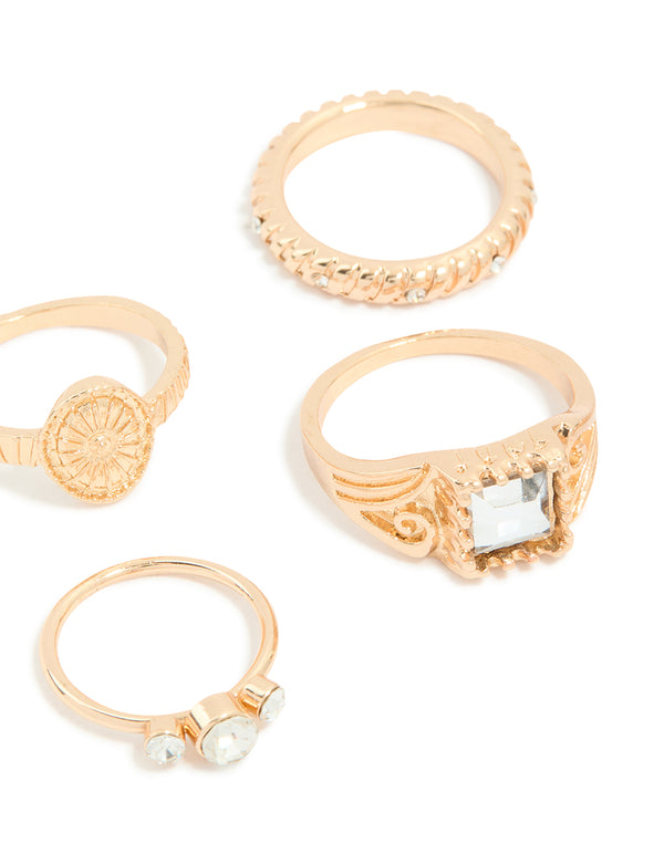 Gold Diamante Signet & Twisted Rings 6-Pack