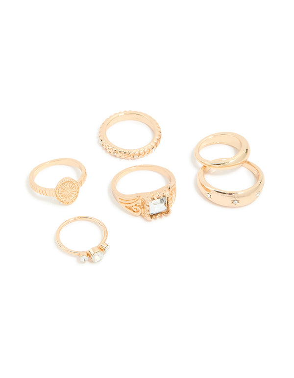 Gold Diamante Signet & Twisted Rings 6-Pack