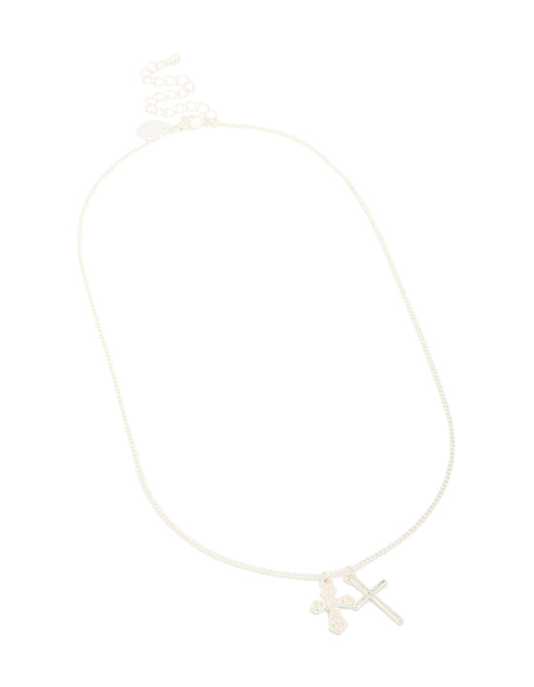 Silver Diamante & Smooth Double Cross Charm Necklace