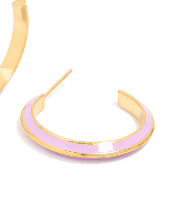 Waterproof Gold Plated Stainless Steel Lilac Enamel Hoop Earrings