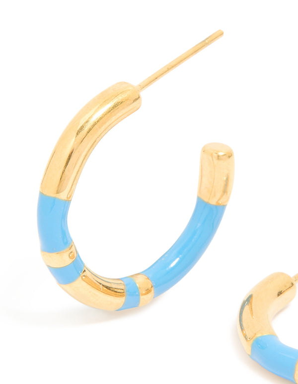 Waterproof Gold Plated Stainless Steel Small Blue Enamel Stripe Hoop Earrings