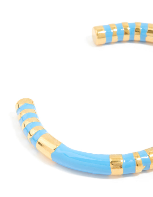 Waterproof Gold Plated Stainless Steel Stripe Blue Enamel Wrist Cuff