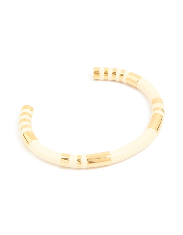 Waterproof Gold Plated Stainless Steel Neutral Toned Enamel Striped Wrist Cuff