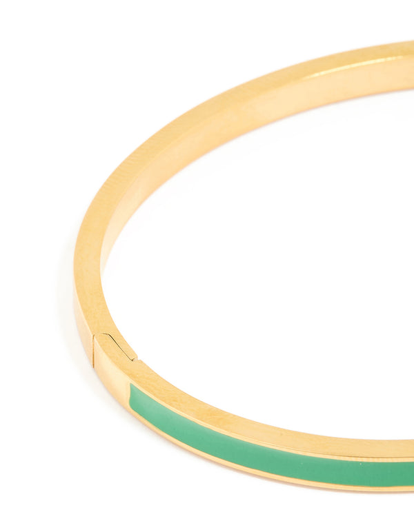 Waterproof Gold Plated Stainless Steel Thin Green Enamel Hinged Bangle