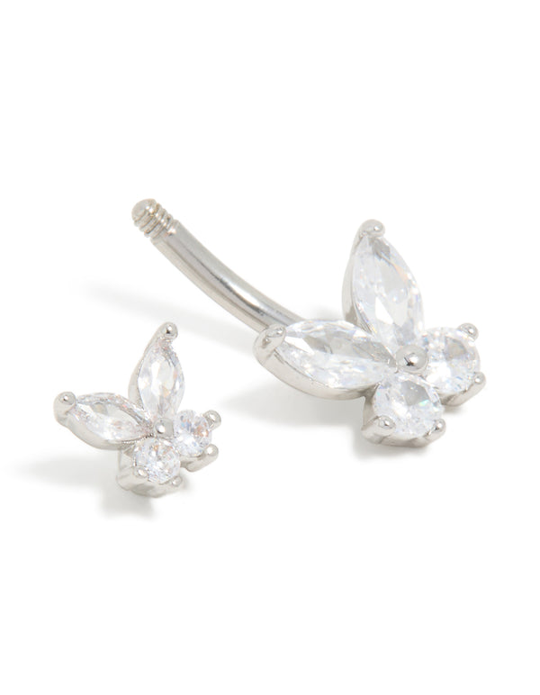Surgical Steel Cubic Zirconia Double Butterfly Belly Bar