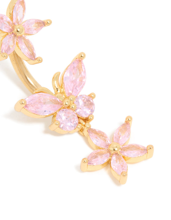 Gold Plated Surgical Steel Pink Cubic Zirconia Flower Drop Belly Bar