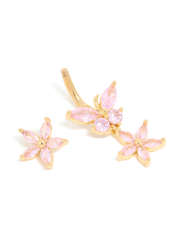 Gold Plated Surgical Steel Pink Cubic Zirconia Flower Drop Belly Bar